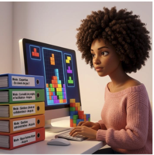 Assistante C3 Tétris à son bureau, écran affichant des blocs Tétris et classeurs organisés